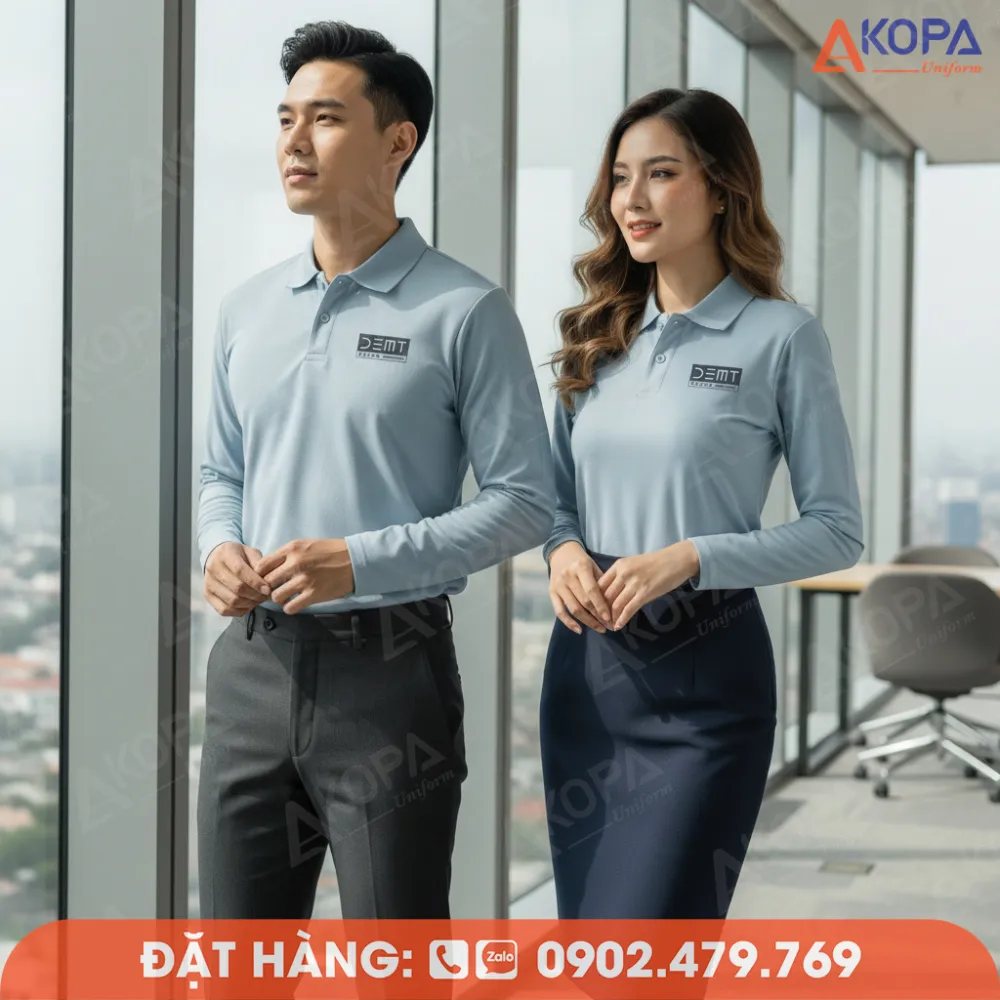 nhân viên mặc áo polo dài tay màu xanh nhạt di chuyển trong văn phòng