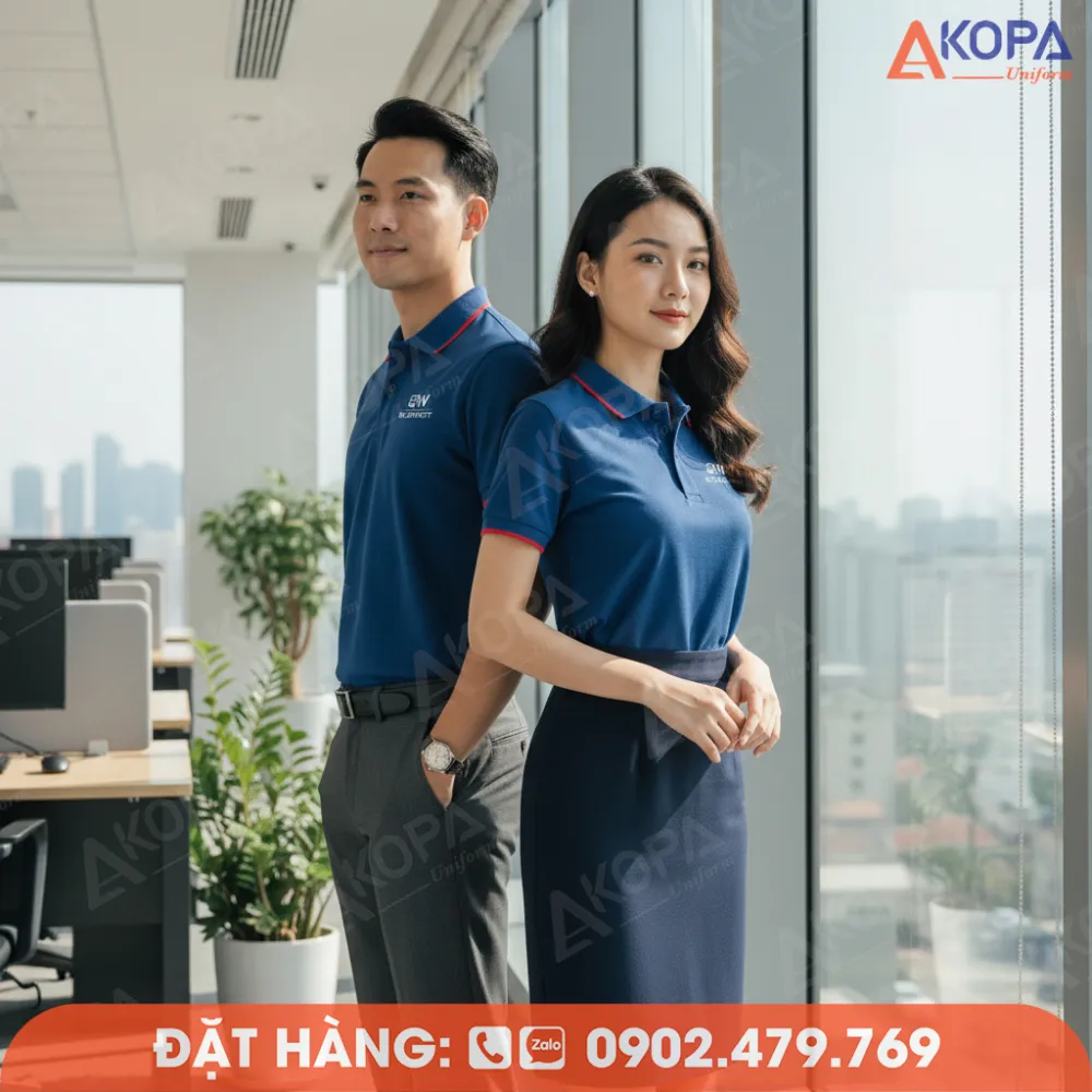 nhân viên mặc áo polo xanh đậm đứng cạnh cửa kính văn phòng