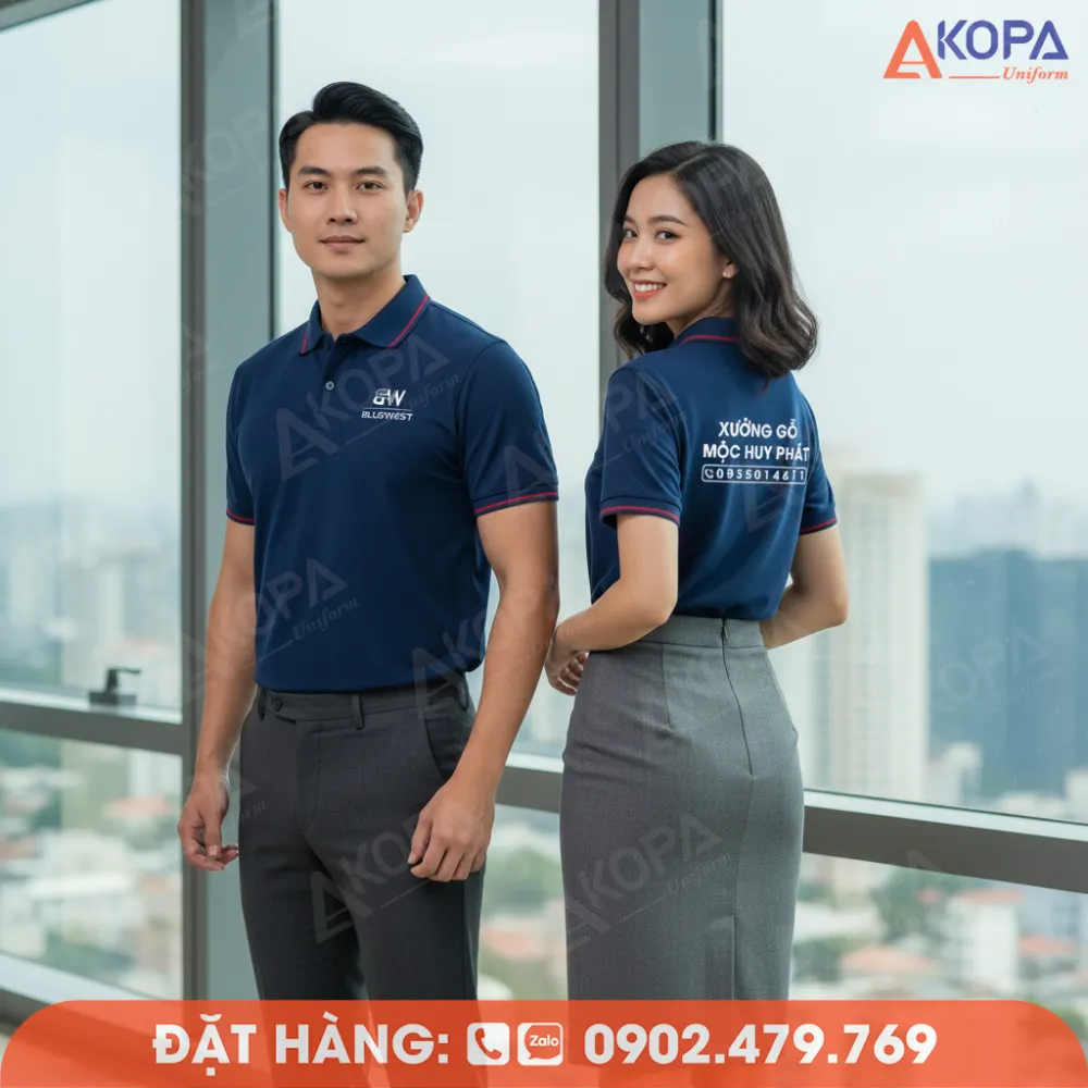 đồng phục polo xanh navy in logo trước và sau lưng