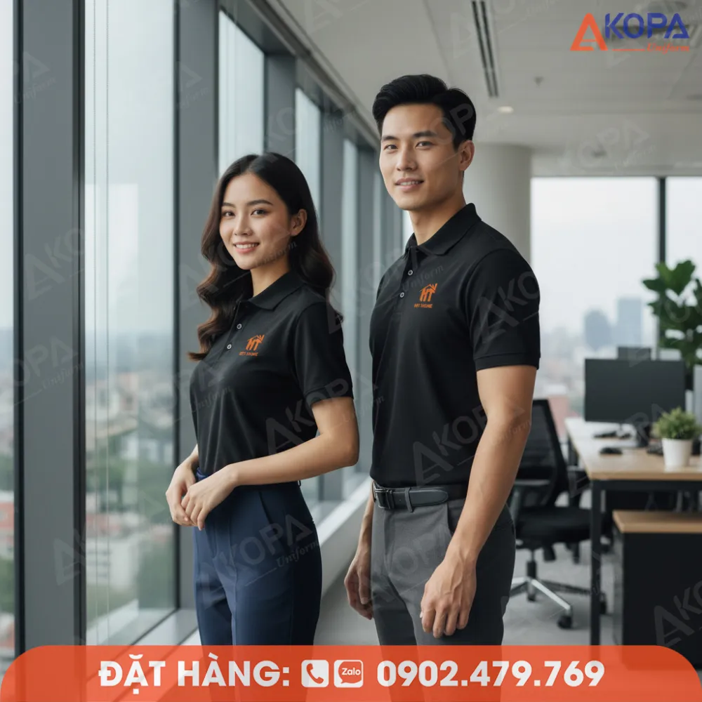 mẫu áo polo đồng phục nội thất màu đen nhân viên mặc thực tế