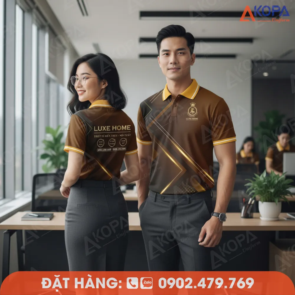 nam nữ mặc áo polo xanh dương đứng trong văn phòng hiện đại