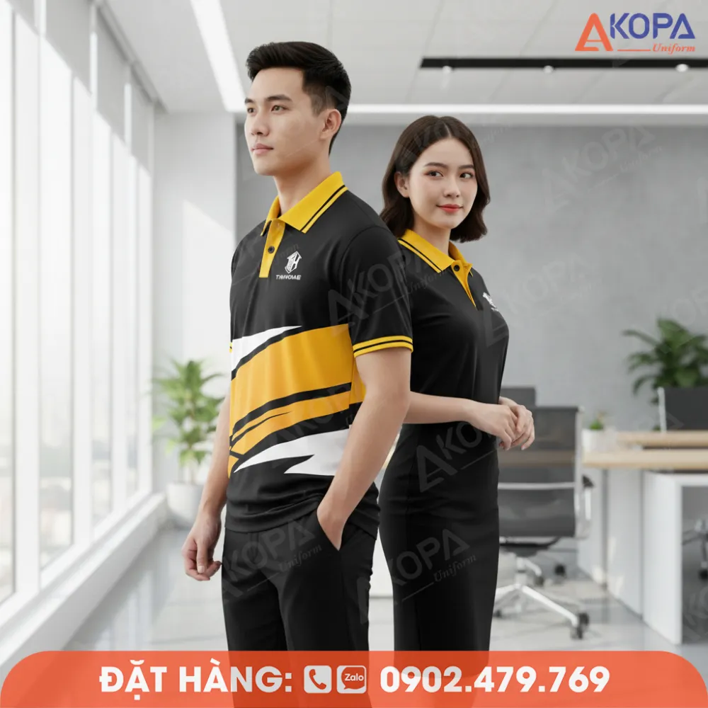áo polo nâu phối vàng thiết kế sang trọng cho nhân viên