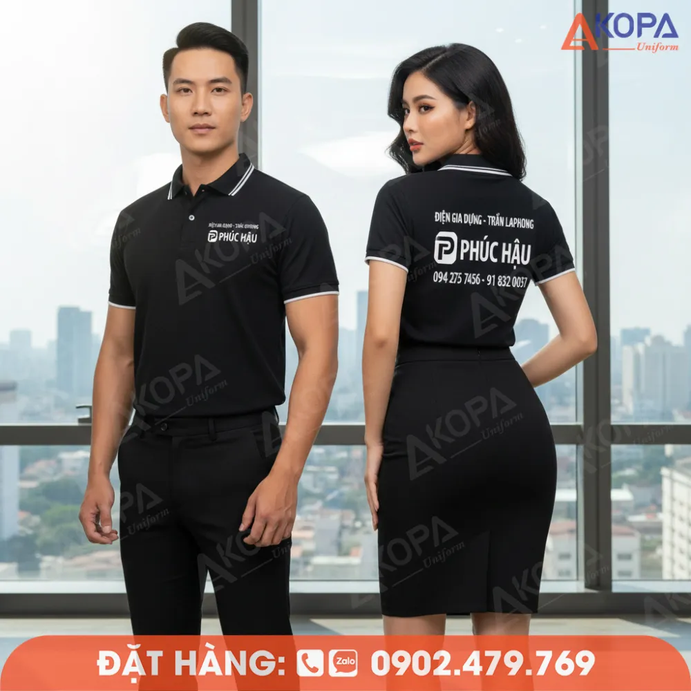 nhân viên mặc áo polo xanh lá trong văn phòng hiện đại