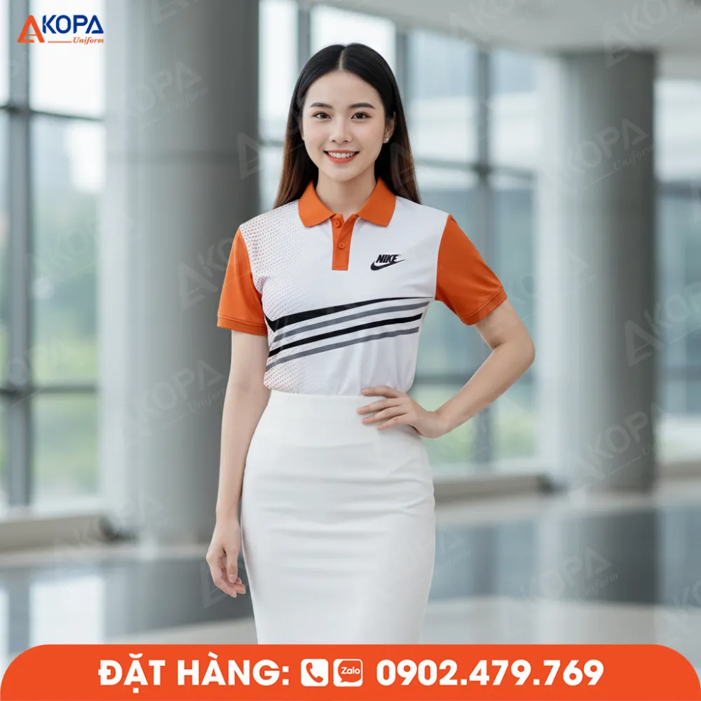 Áo Polo Classic đồng phục màu trắng phối cam thiết kế tối giản, lịch sự cho doanh nghiệp