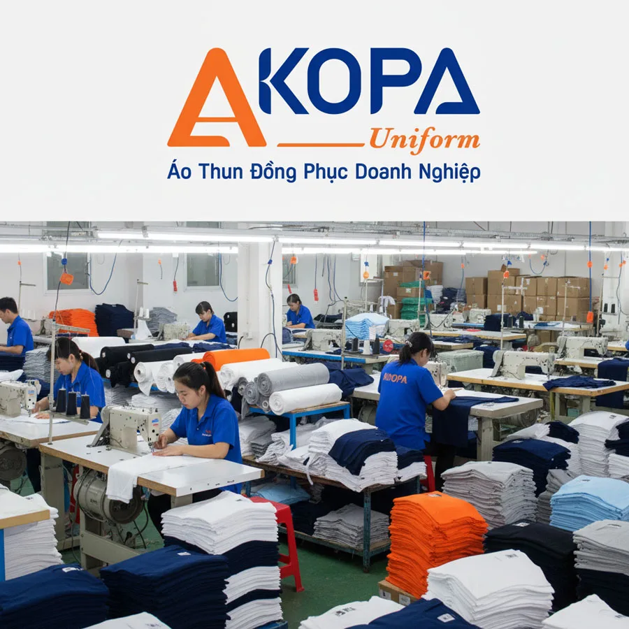 xưởng sản xuất áo thun với công nhân đang may và hoàn thiện sản phẩm