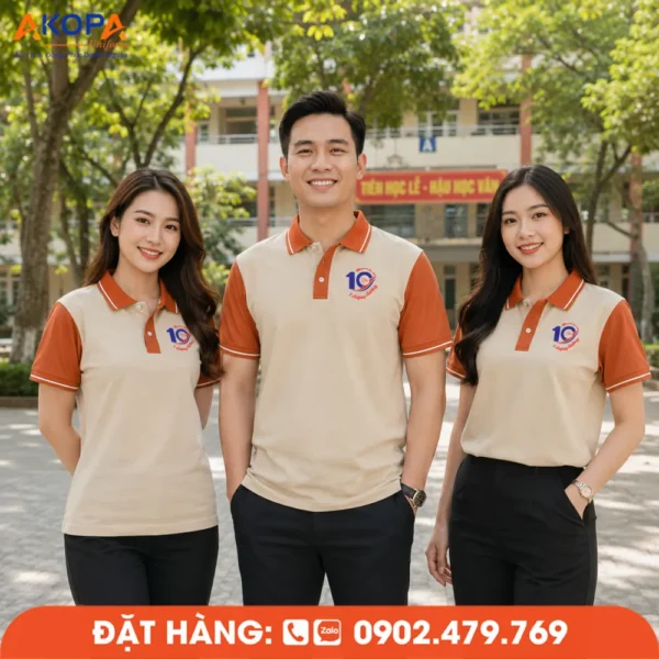Áo Đồng Phục Họp Lớp 10 Năm Màu Kem Phối Cam In Logo