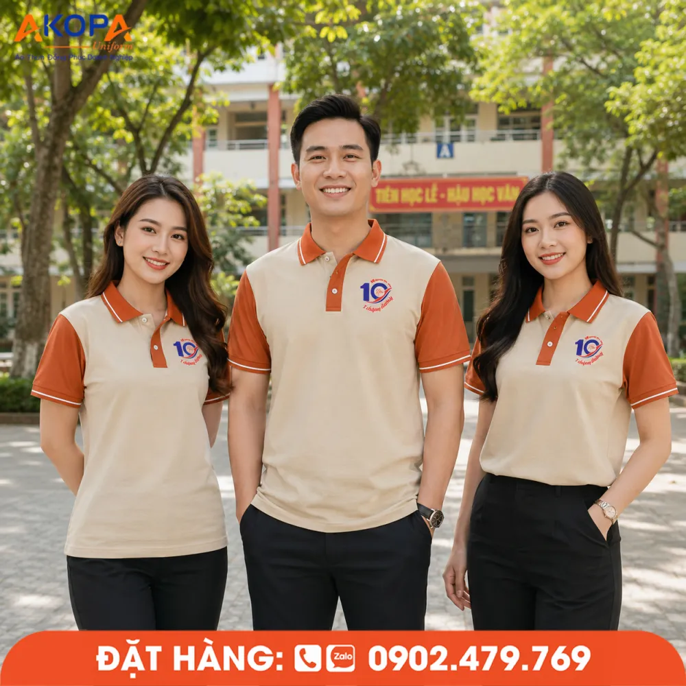 Thiết kế áo đồng phục họp lớp màu kem phối cam hiện đại, chất vải thoáng mát, phù hợp sự kiện kỷ niệm 10 năm ra trường.