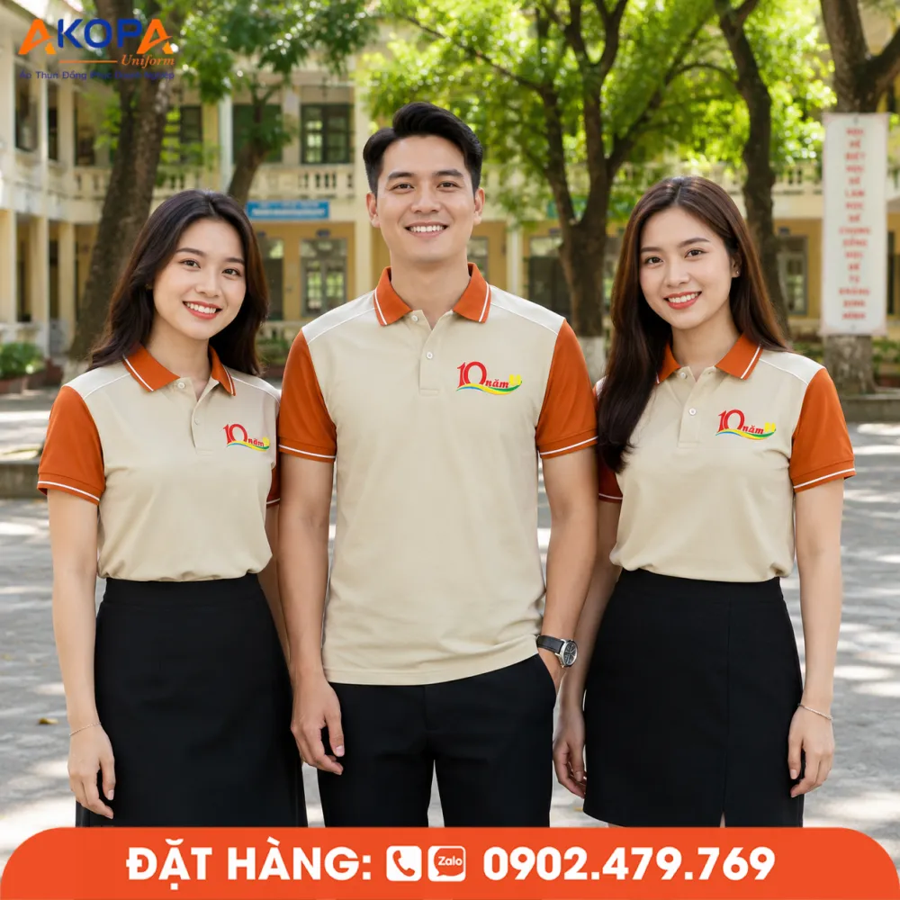 Mẫu áo đồng phục họp lớp 10 năm thiết kế cổ bẻ phối cam nổi bật, phù hợp tập thể lớp và hội khóa.