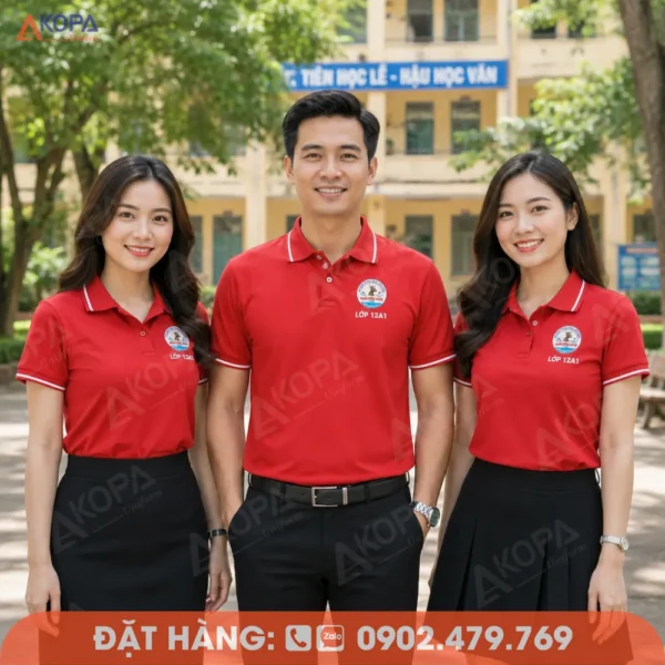 Áo Đồng Phục Họp Lớp 10 Năm Phối Màu Đỏ Line Trắng In Logo Lớp 12A1