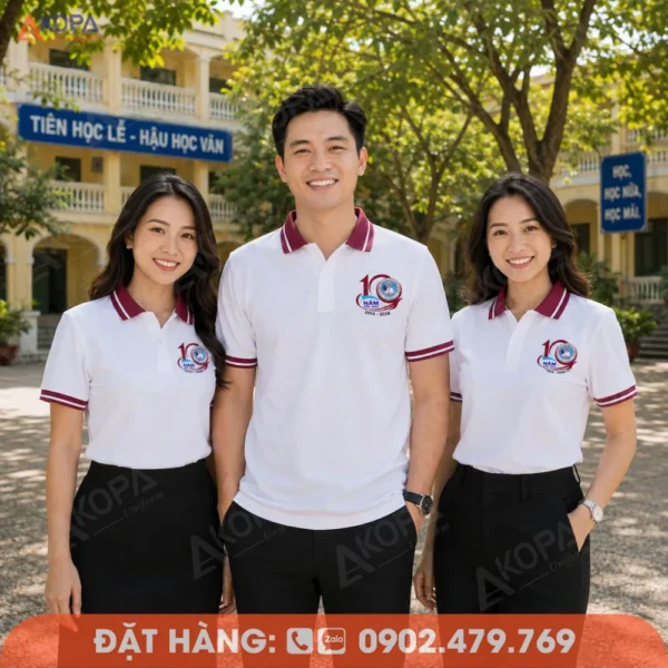 Áo Đồng Phục Họp Lớp 10 Năm Màu Trắng Viền Đỏ Đô In Logo