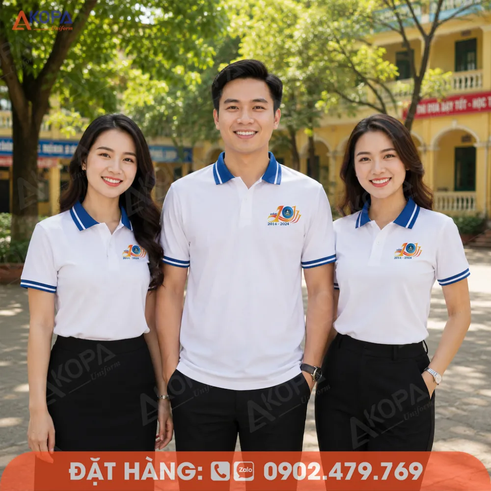 Áo đồng phục họp lớp 10 năm màu trắng phối xanh dương hiện đại, thiết kế đẹp cho sự kiện kỷ niệm.