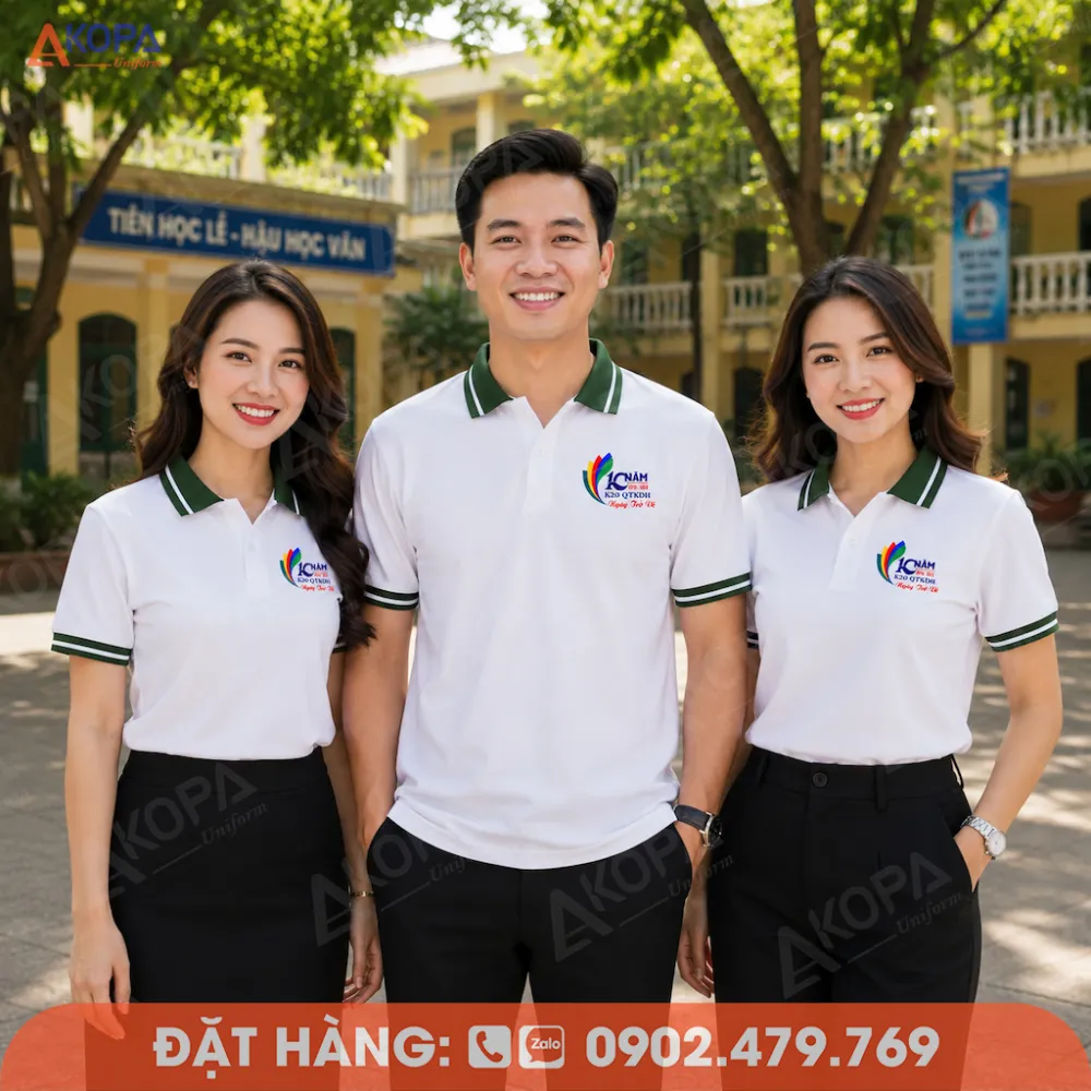 Mẫu áo đồng phục họp lớp màu trắng phối xanh lá thanh lịch, phù hợp may áo nhóm và reunion lớp.