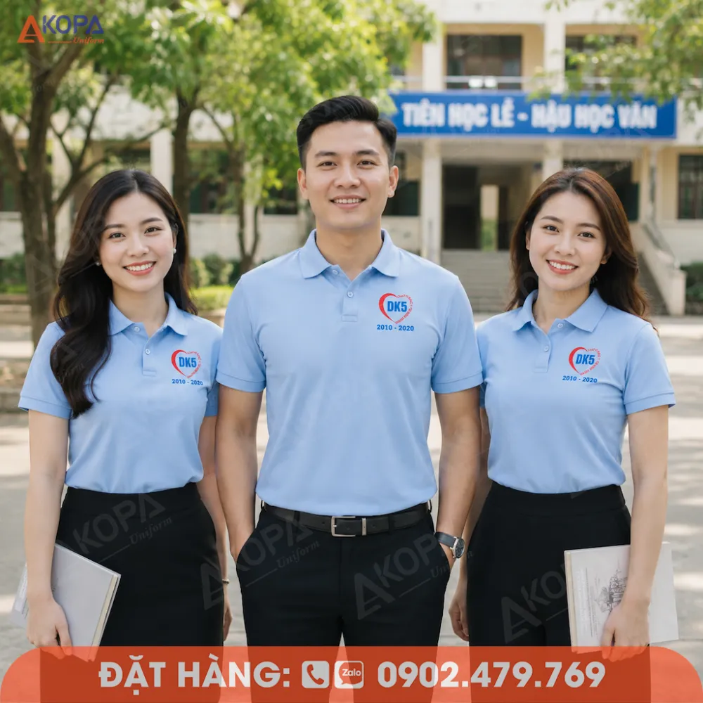 Đồng phục họp lớp màu xanh nhạt phong cách thanh lịch, phù hợp may áo reunion lớp và nhóm cựu học sinh.