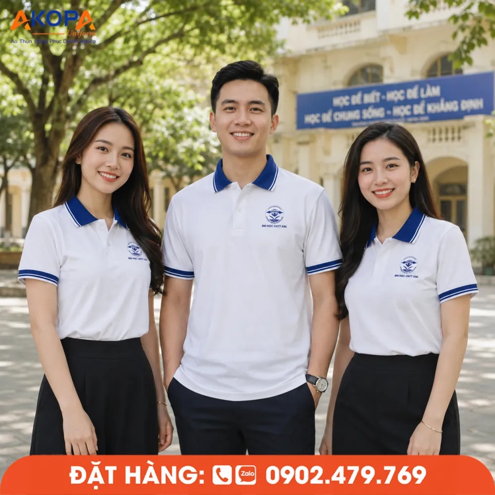 Áo đồng phục họp lớp màu trắng xanh dương thiết kế đơn giản, dễ mặc, phù hợp nhiều độ tuổi.