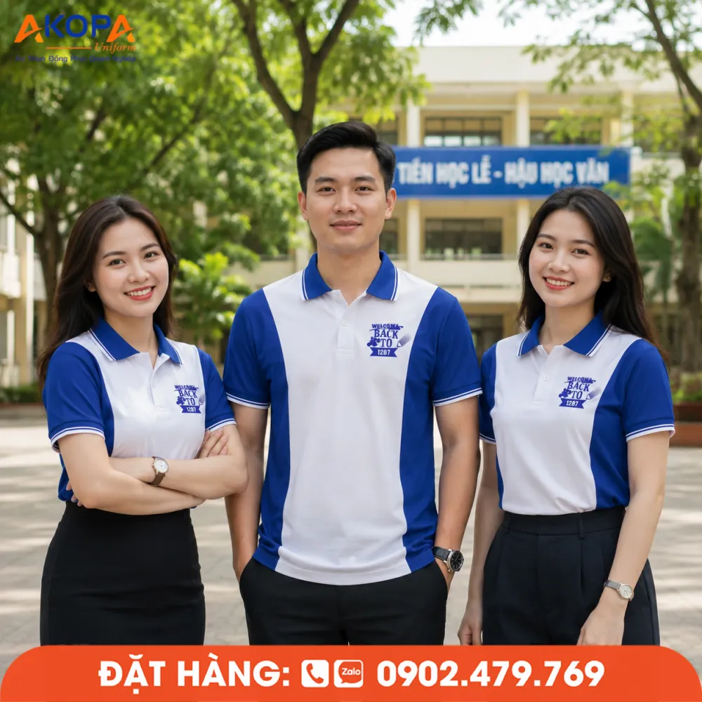 Mẫu áo đồng phục họp lớp welcome back màu trắng xanh thiết kế thể thao, phù hợp sự kiện gặp mặt lớp.