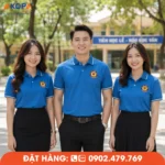 Thiết kế áo đồng phục họp lớp xanh dương sang trọng, chất liệu co giãn thoải mái khi mặc.