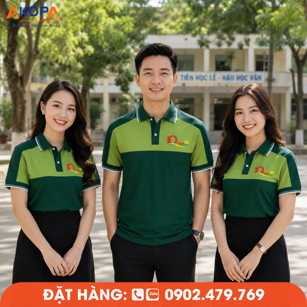 Mẫu áo đồng phục họp lớp xanh lá nổi bật dành cho lễ kỷ niệm 10 năm ra trường.