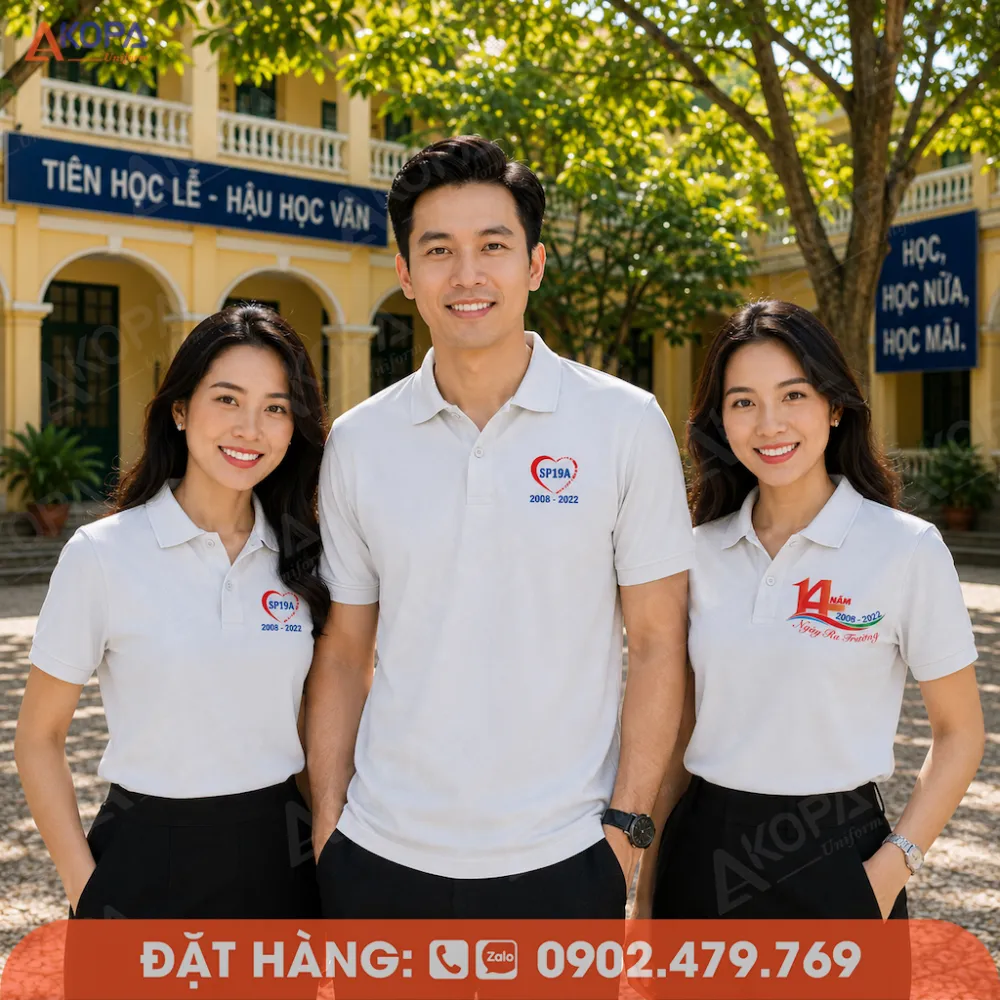 Áo đồng phục họp lớp 14 năm màu trắng thiết kế tối giản, phù hợp sự kiện reunion và gặp mặt bạn học.