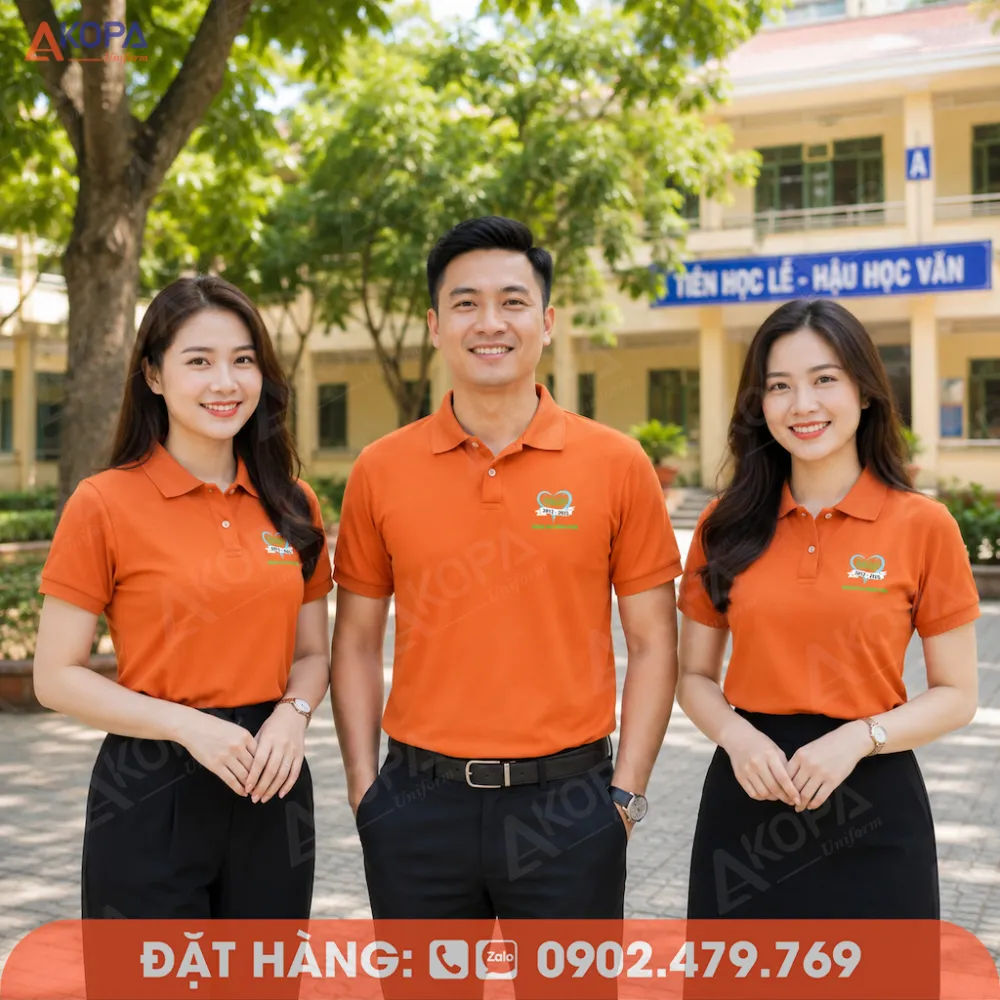 Mẫu áo đồng phục họp lớp màu cam nổi bật, kiểu dáng polo hiện đại phù hợp hoạt động tập thể.