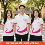 Thiết kế áo đồng phục họp lớp màu trắng hồng trẻ trung, phù hợp sự kiện kỷ niệm 15 năm ra trường.