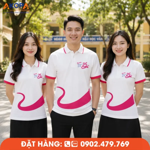 Áo Đồng Phục Họp Lớp 15 Năm Màu Trắng Vân Hồng In Logo
