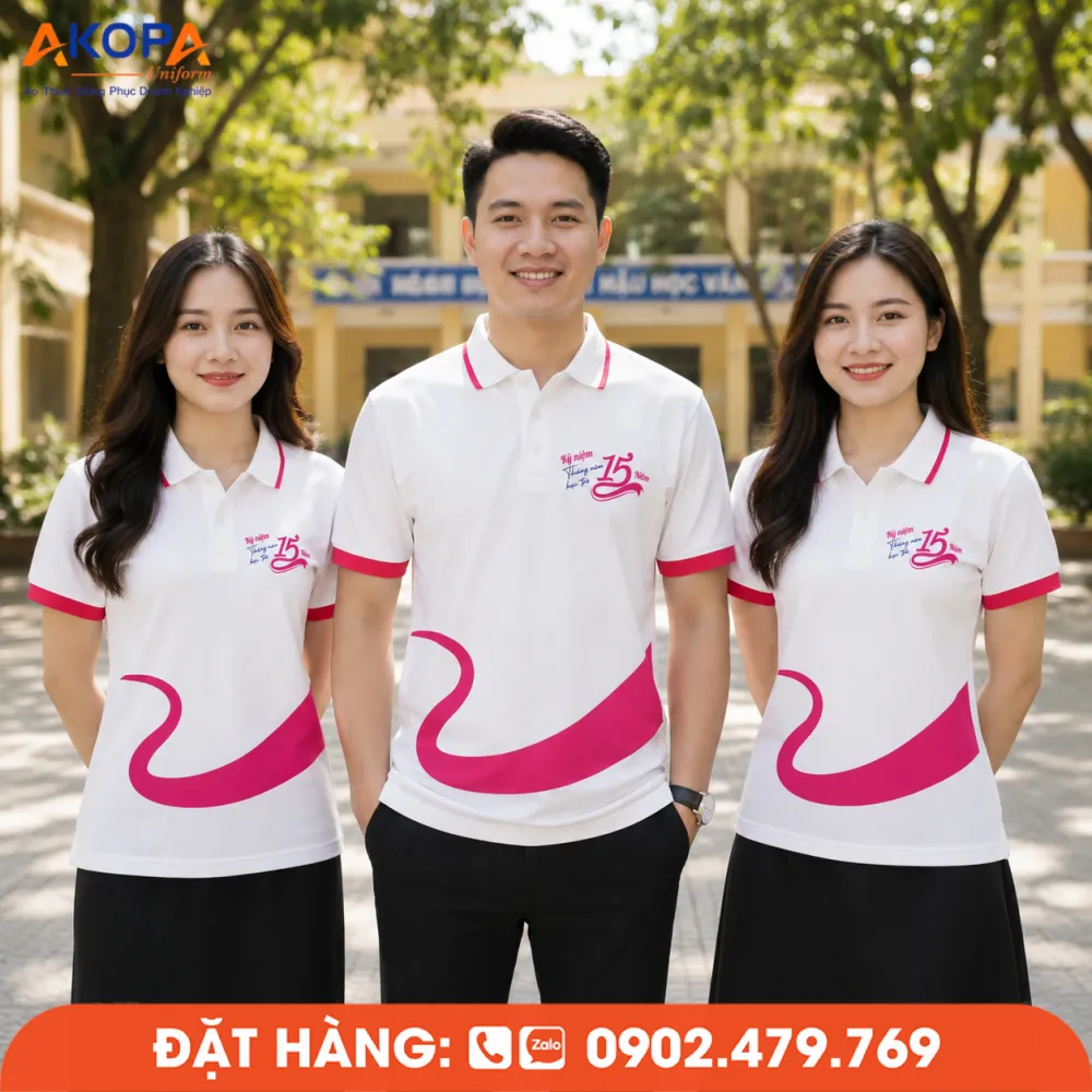 Thiết kế áo đồng phục họp lớp màu trắng hồng trẻ trung, phù hợp sự kiện kỷ niệm 15 năm ra trường.