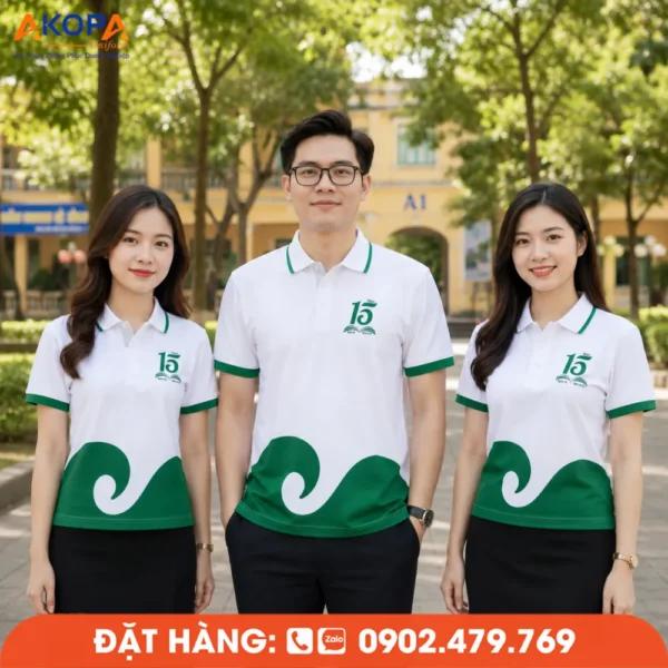 Áo Đồng Phục Họp Lớp 15 Năm Màu Trắng Phối Xanh Lá In Logo