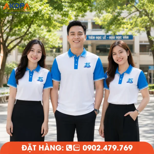 Áo Đồng Phục Họp Lớp 15 Năm Màu Trắng Phối Xanh Trời In Logo