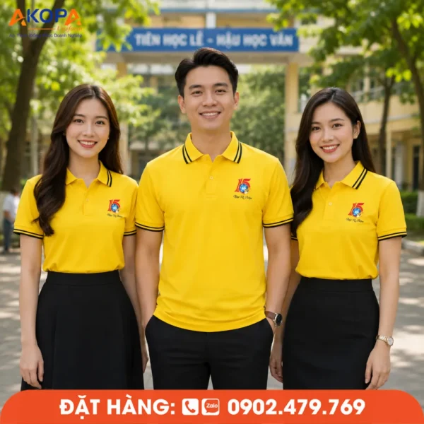 Áo Đồng Phục Họp Lớp 15 Năm Màu Vàng Line Đen In Logo