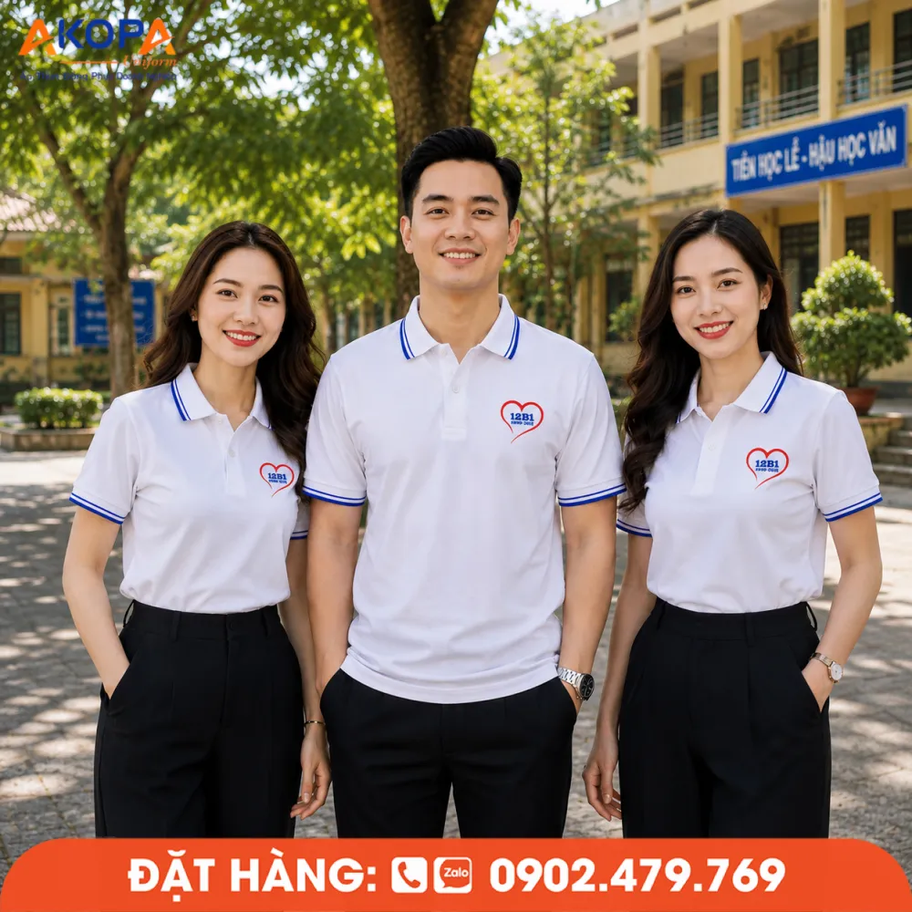 Áo đồng phục họp lớp trắng viền xanh thiết kế tinh tế, phù hợp nhiều độ tuổi và phong cách.