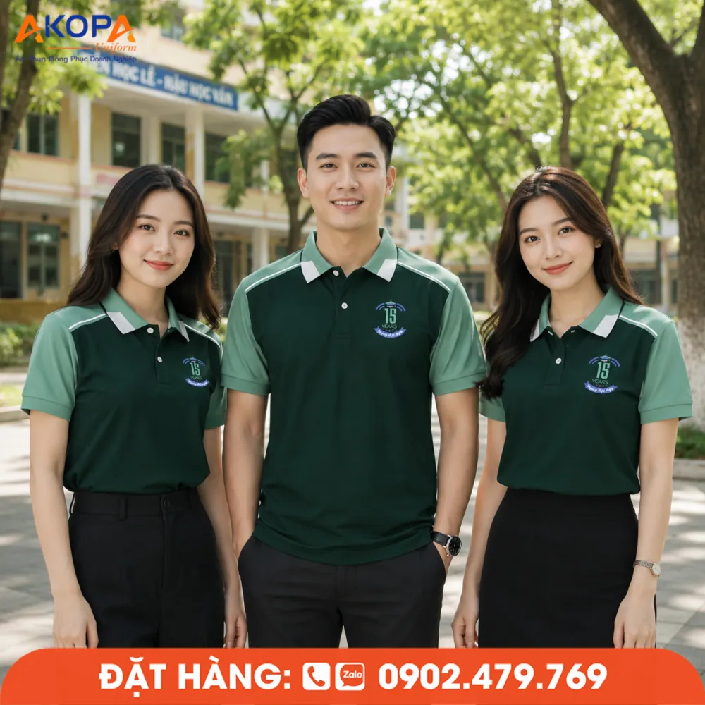 Mẫu áo đồng phục họp lớp xanh rêu sang trọng, thích hợp cho sự kiện kỷ niệm 15 năm ra trường.