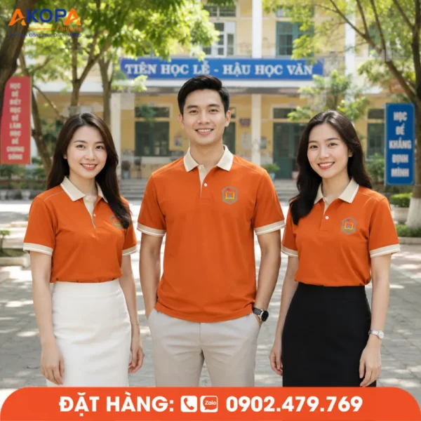 Áo Đồng Phục Họp Lớp 20 Năm Màu Cam Đất Phối Trắng In Logo