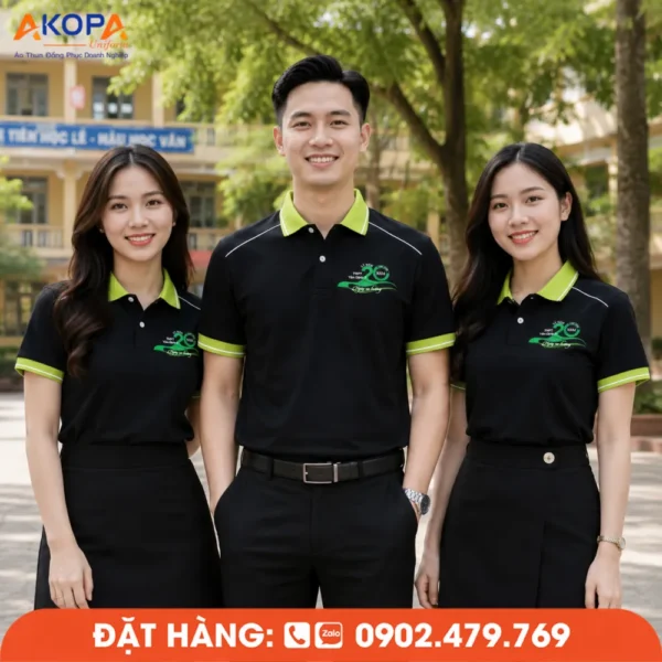 Áo Đồng Phục Họp Lớp 20 Năm Màu Đen Phối Cổ Xanh Chuối In Logo