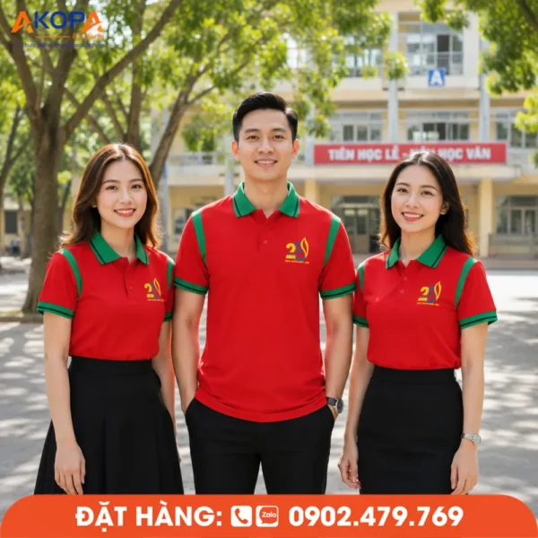 Áo Đồng Phục Họp Lớp 20 Năm Màu Đỏ Phối Xanh Cây In Logo