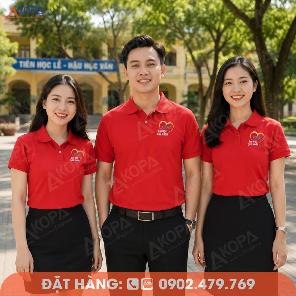 Đồng phục họp lớp màu đỏ nổi bật, kiểu áo polo trẻ trung phù hợp reunion đại học và cựu sinh viên.