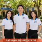 Mẫu áo họp lớp 20 năm màu trắng phối xanh dương hiện đại, thiết kế đẹp cho tập thể cựu học sinh.