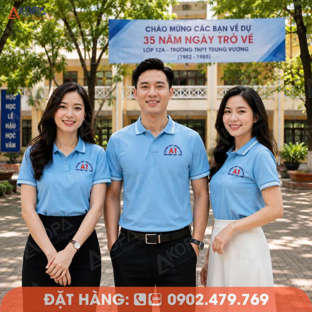 Áo họp lớp màu xanh da trời phong cách thanh lịch, thiết kế dành cho lễ kỷ niệm 35 năm ngày trở về.