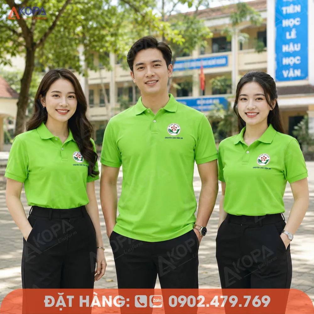 Áo đồng phục họp lớp màu xanh lá trẻ trung, chất liệu polo thoải mái phù hợp sự kiện tập thể.