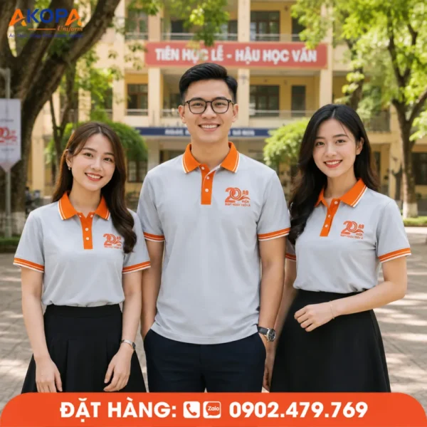 Áo Đồng Phục Họp Lớp 20 Năm Màu Xám Phối Cam In Logo