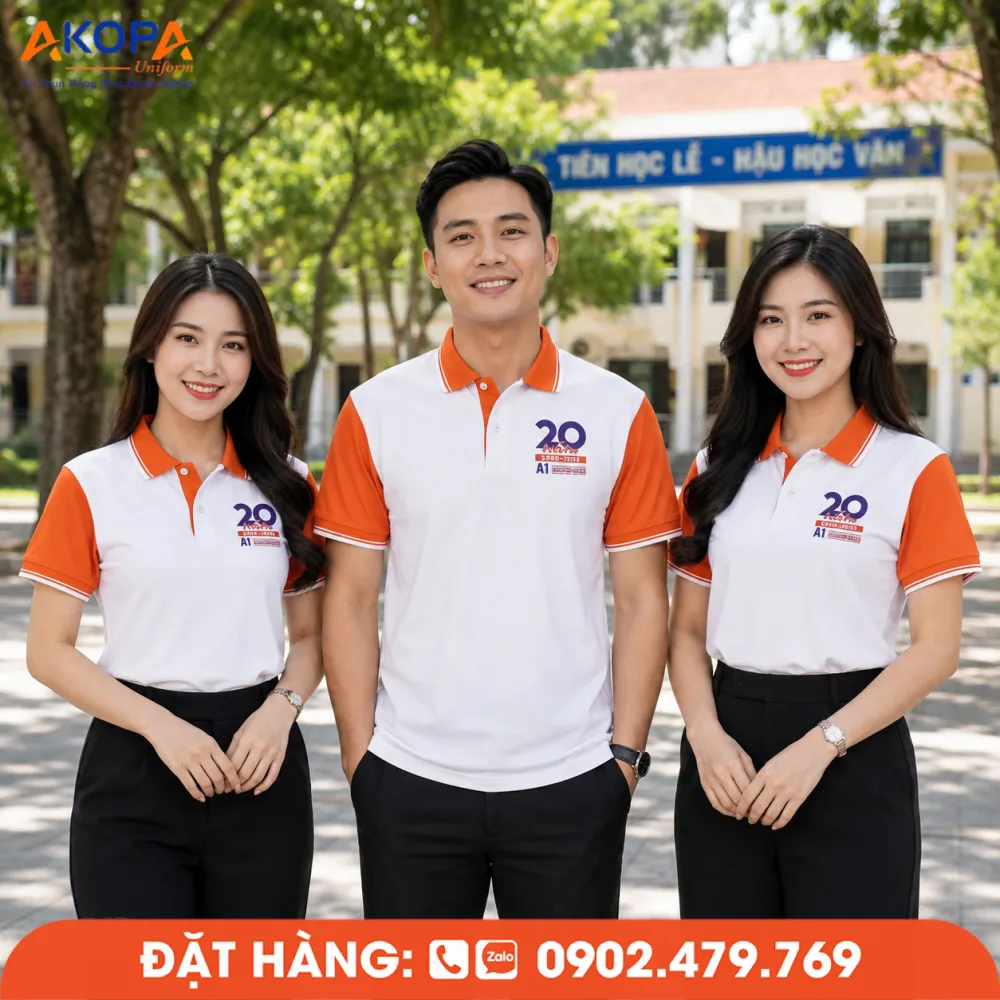 Mẫu áo đồng phục họp lớp trắng cam thiết kế trẻ trung, phù hợp chương trình hội ngộ 20 năm.