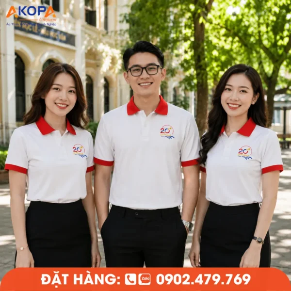 Áo Đồng Phục Họp Lớp 20 Năm Phối Màu Trắng Đỏ In Logo