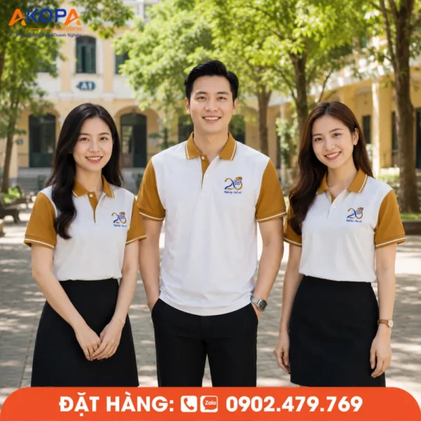 Áo Đồng Phục Họp Lớp 20 Năm Màu Trắng Nâu Đất In Logo