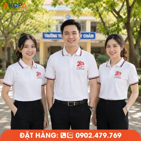 Áo Đồng Phục Họp Lớp 20 Năm Màu Trắng Phối 2 Sọc In Logo