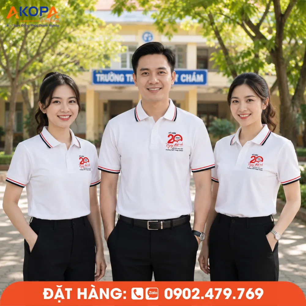 Thiết kế áo đồng phục họp lớp trắng viền đỏ nổi bật, phù hợp chương trình kỷ niệm 20 năm ra trường.