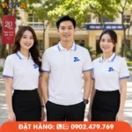 Mẫu áo đồng phục họp lớp trắng xanh dương đơn giản, phù hợp sự kiện hội ngộ và chụp ảnh tập thể.