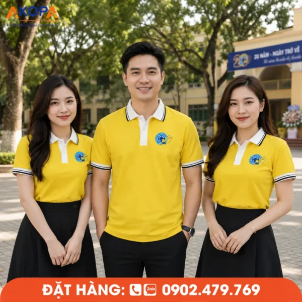 Áo Đồng Phục Họp Lớp 20 Năm Màu Vàng Phối Sọc Kẻ Đen In Logo