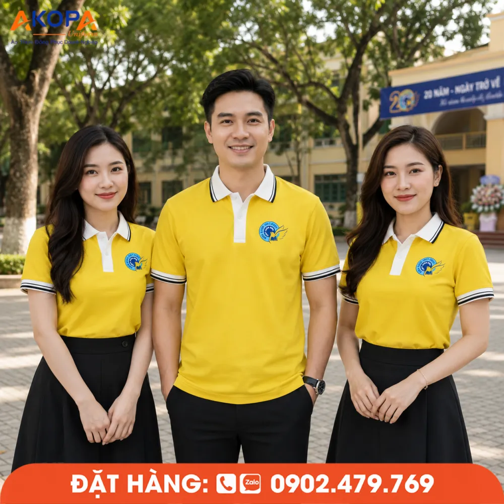 Thiết kế áo đồng phục họp lớp màu vàng trẻ trung, tạo điểm nhấn nổi bật cho tập thể lớp.