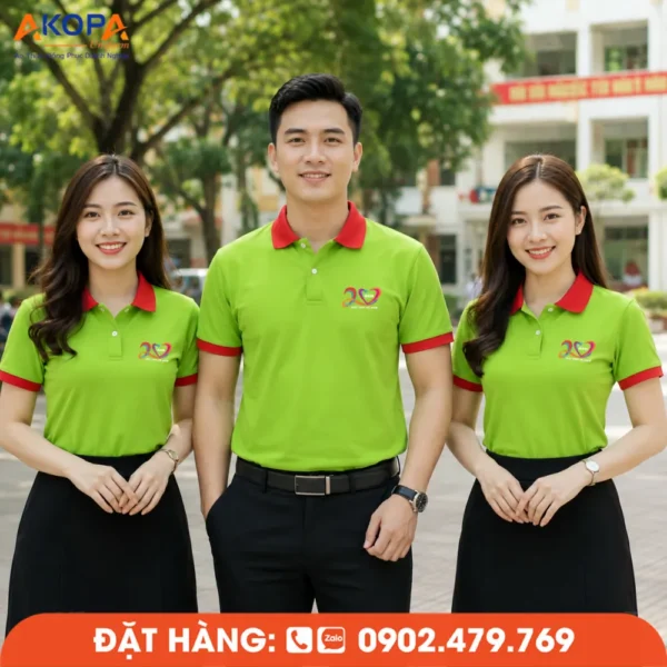 Áo Đồng Phục Họp Lớp 20 Năm Màu Xanh Lá Phối Đỏ In Logo