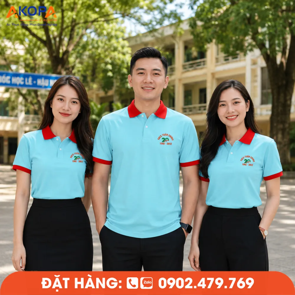 Mẫu áo đồng phục họp lớp xanh ngọc nổi bật, phù hợp chương trình kỷ niệm 20 năm ra trường.