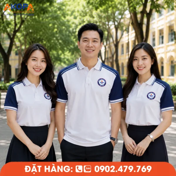 Áo Đồng Phục Họp Lớp 22 Năm Màu Trắng Phối Navy In Logo